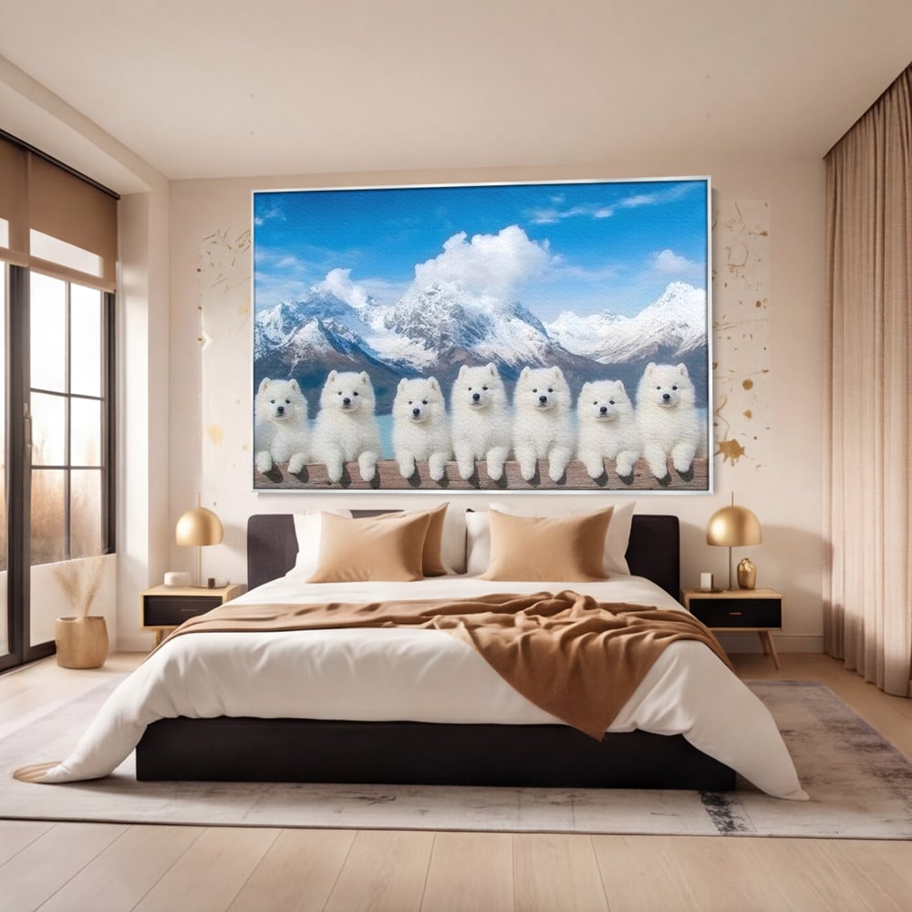 Tablou canvas cu tablou canvas cu sapte catei pe munti, in rama de aluminiu argintiu, pe perete intr-un dormitor